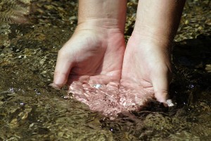 Wertvolles Wasser Hände schöpfen Wasser aus Bach