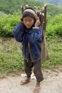 Bild: Kind transportiert Brennholz, Laos